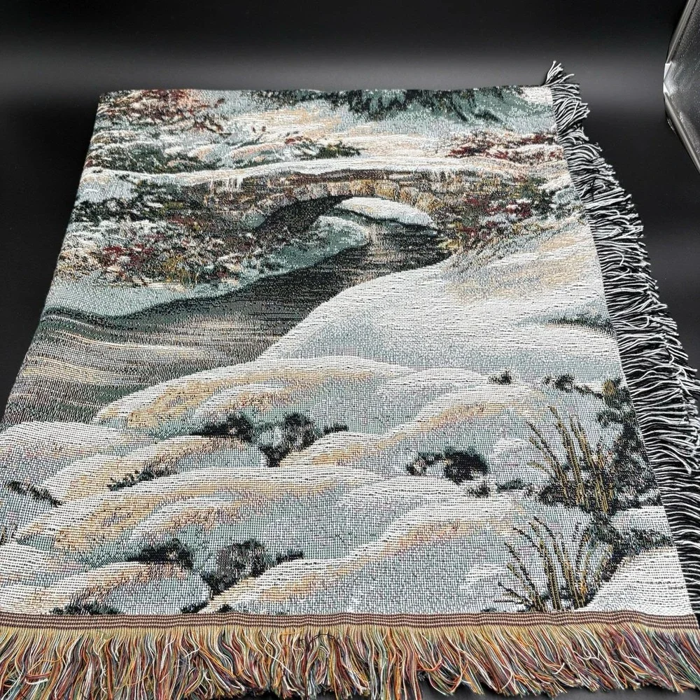 Mohawk Home Vintage Tapestry Throw Blanket Winter Scene Cabin in Woods 56x48